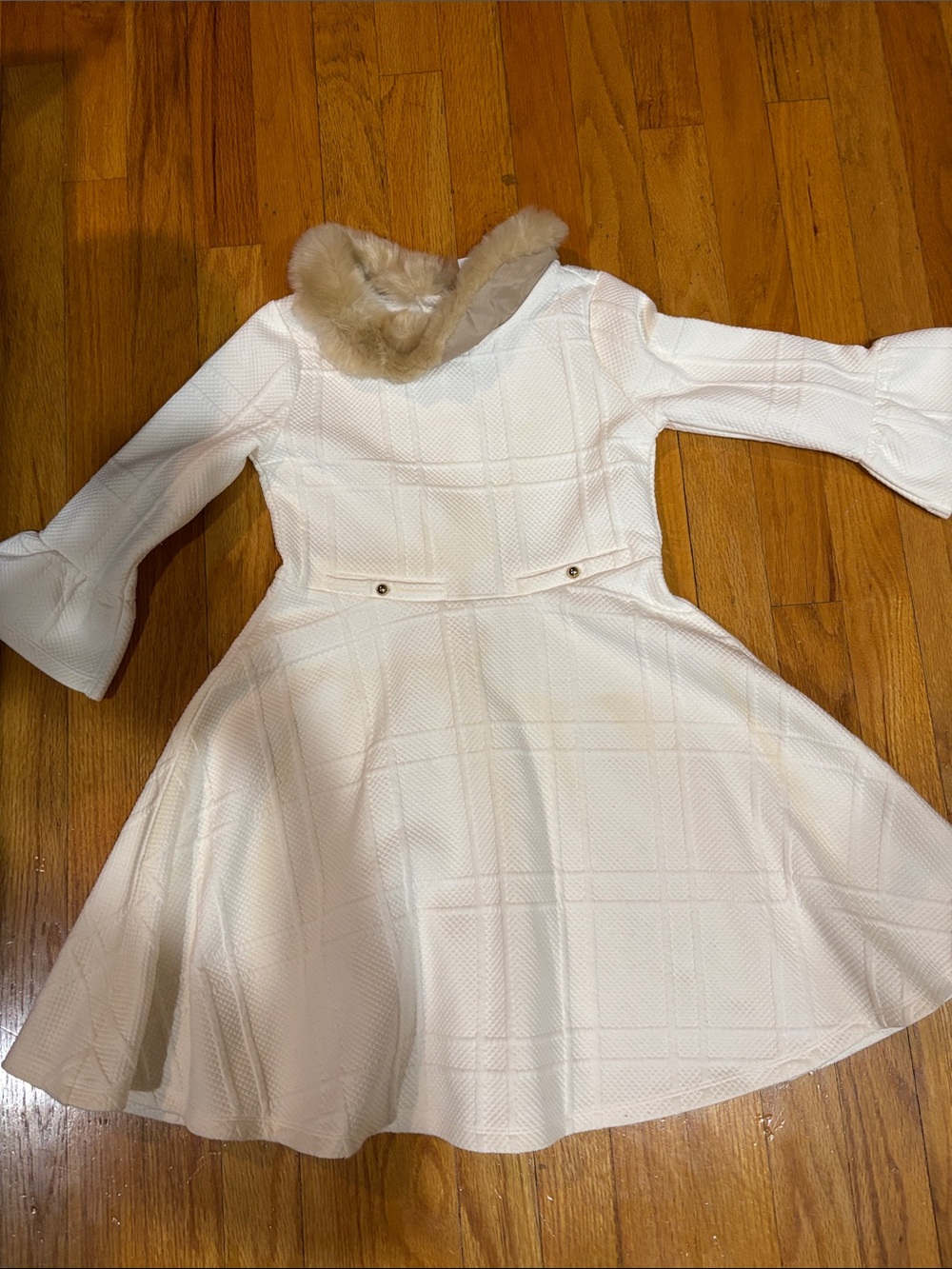 Janie and Jack Ivory Textured Fit-and-Flare Dress with Faux Fur Collar
